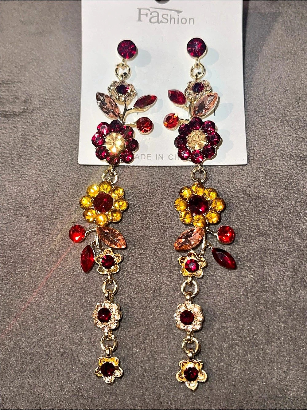 Long Floral Drop Earrings in Gold & Red NWT